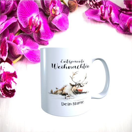 Tasse "Entspannte Weihnachten – Rentier mit Geschenk"