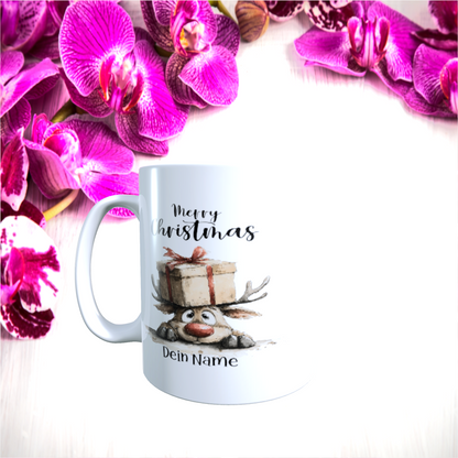 Tasse "Entspannte Weihnachten – Rentier mit Geschenk"