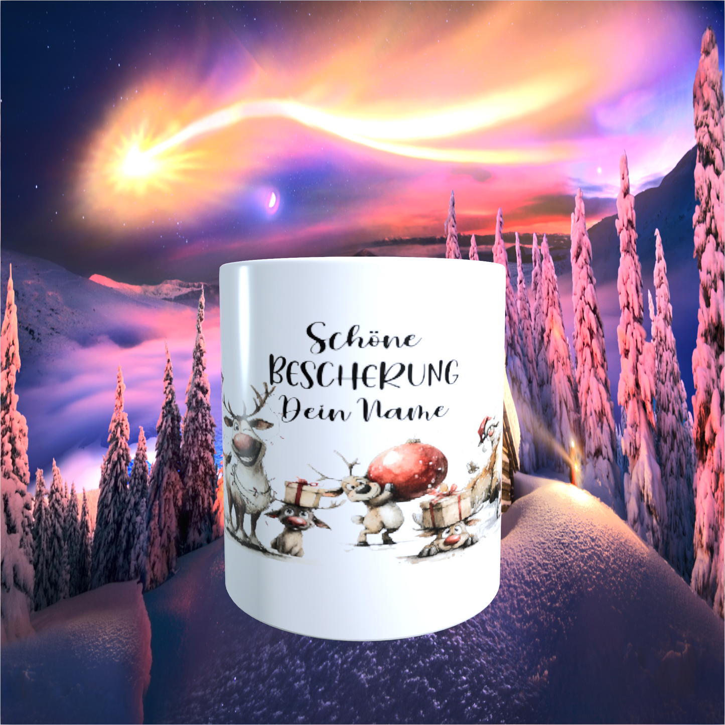 Tasse "Schöne Bescherung – Lustige Rentiere"