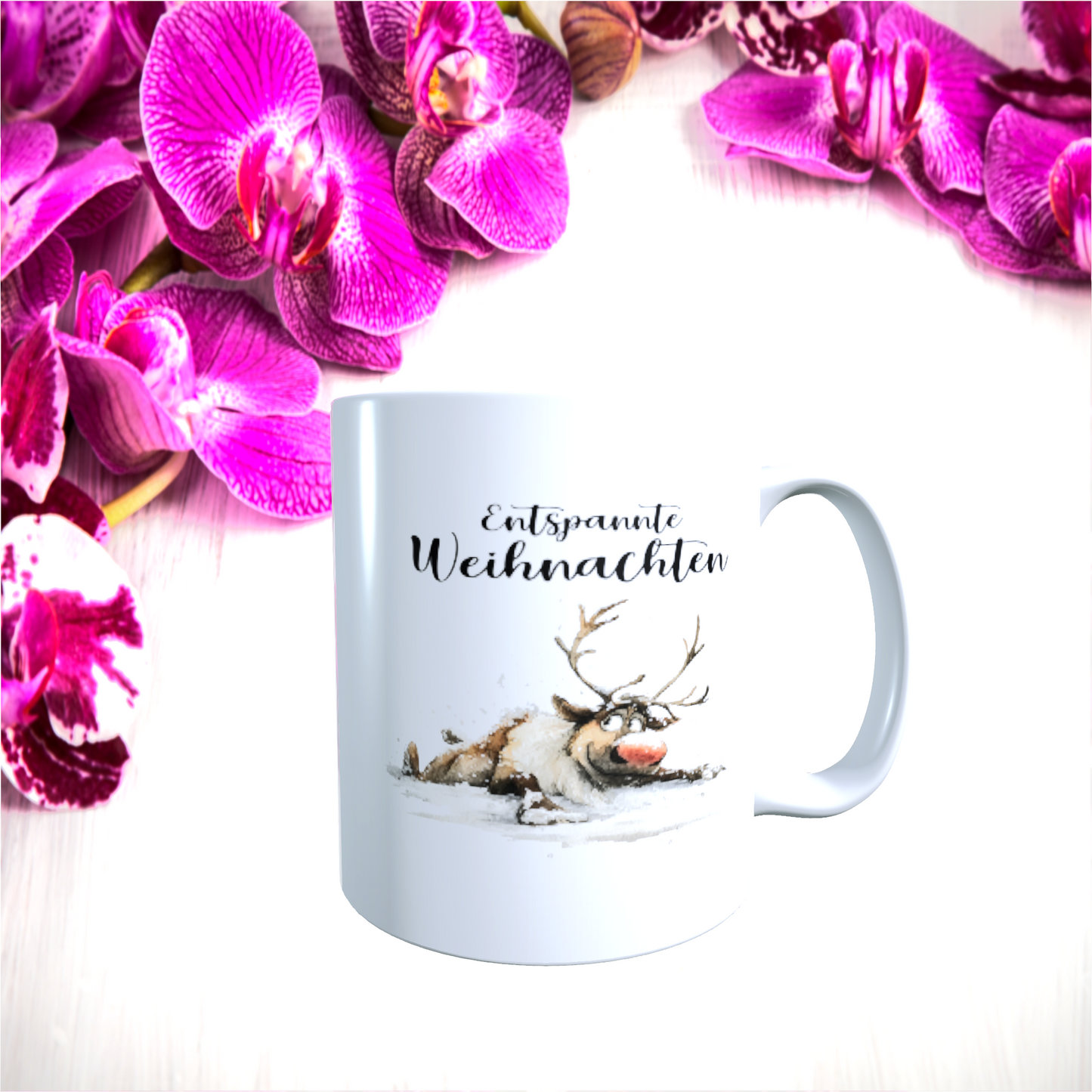 Tasse "Entspannte Weihnachten – Rentier mit Geschenk"