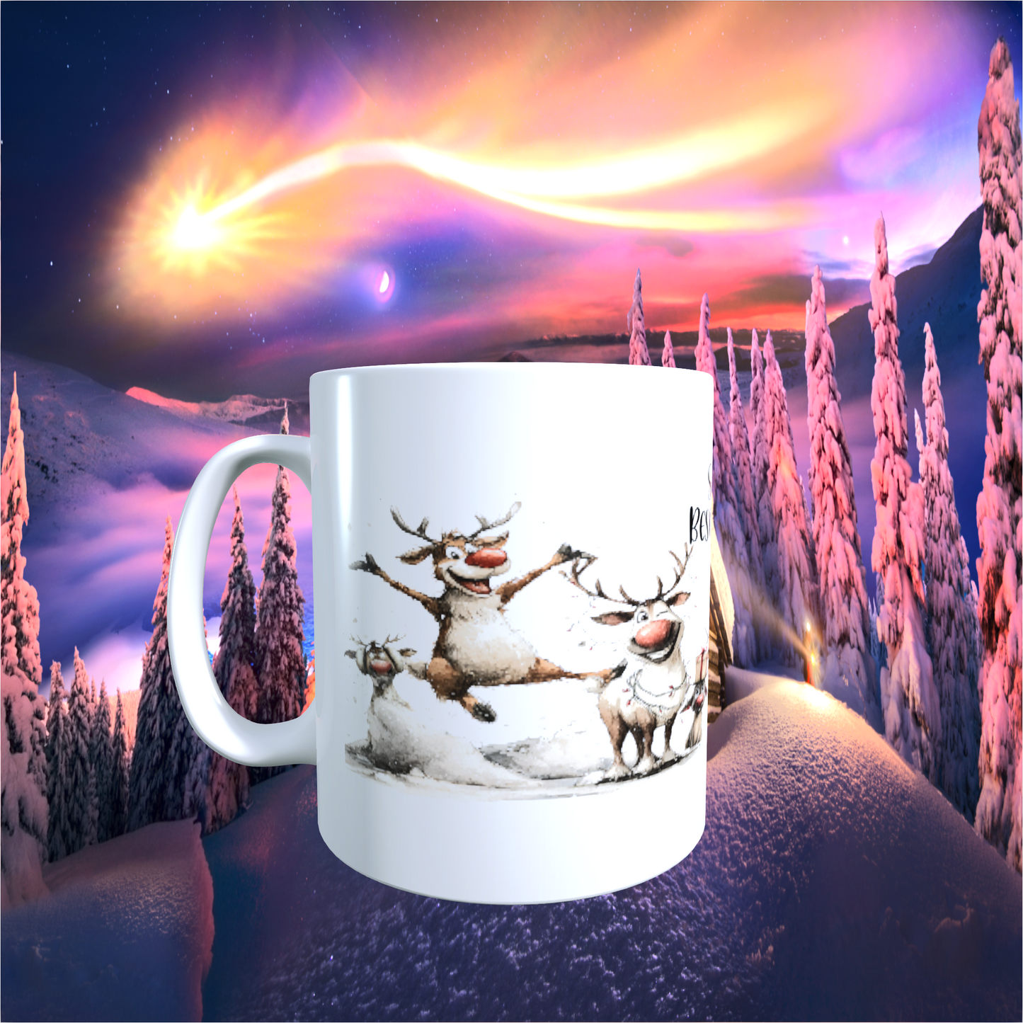 Tasse "Schöne Bescherung – Lustige Rentiere"