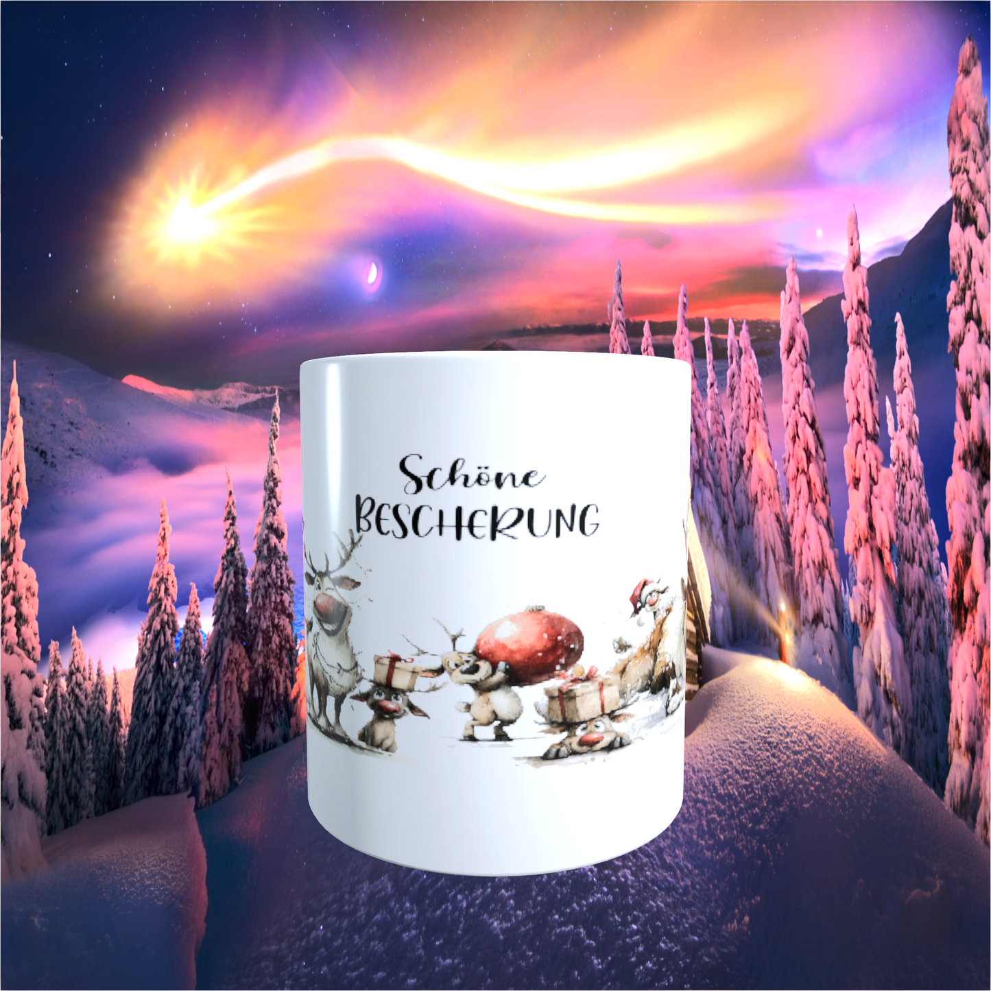 Tasse "Schöne Bescherung – Lustige Rentiere"